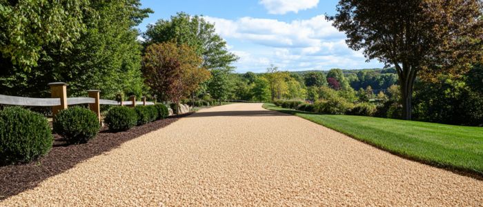 A chip seal driveway extends towards a charming house, framed by greenery and a clear blue sky