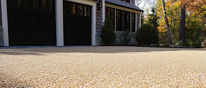 Chip seal driveway leading to a house with dark garage doors