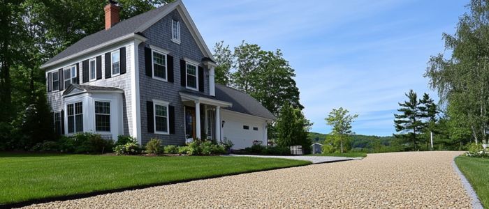 A picturesque chip seal driveway made of gravel and grass, providing access to a lovely home in a serene setting.