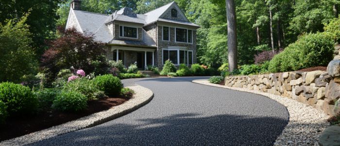 A gravel driveway surrounded by lush landscaping, showcasing eco-friendly macadam features for sustainable design.