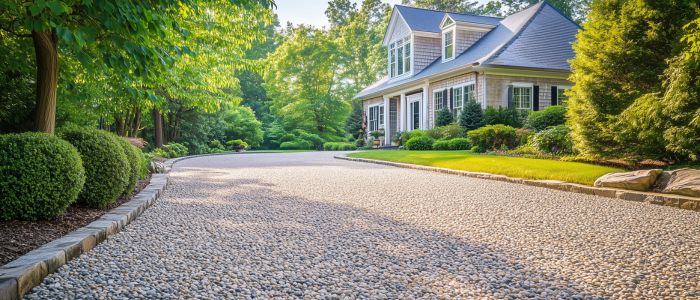 A picturesque gravel driveway leads to a house, highlighting the aesthetic appeal of macadam driveways.