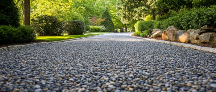 A gravel driveway bordered by loose gravel, showcasing a classic macadam driveway design.