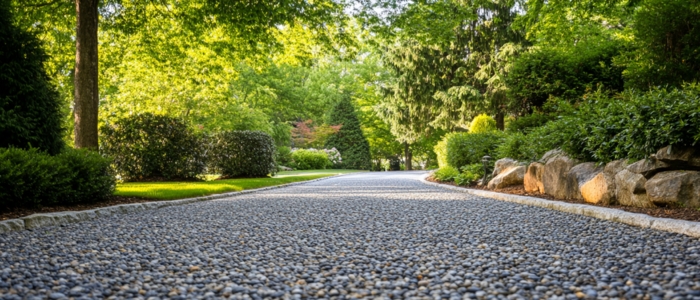 A well maintained oil and stone driveway surrounded by greens