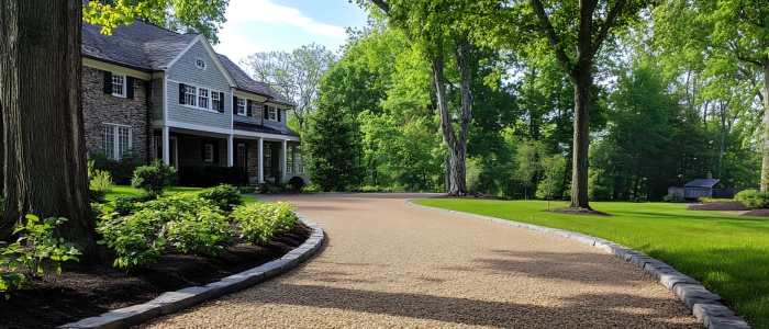 An elegant house with well maintained oil and stone driveway surface, showcasing a low-maintenance.