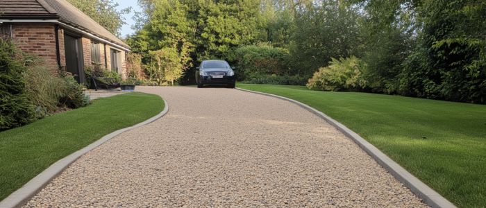 A chipseal driveway with gravel and grass leading up to a residential house, showcasing a blend of natural and paved elements.