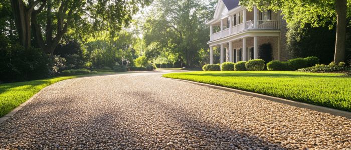 A chipeseal driveway extends towards a charming house, framed by greenery and a clear blue sky.