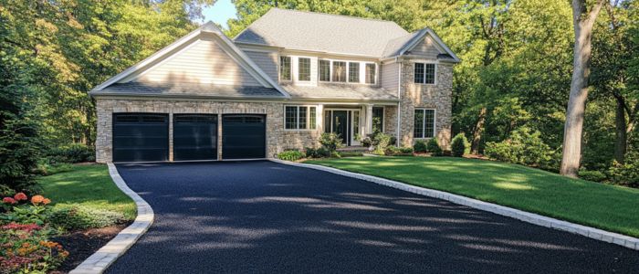 A wide driveway that connects to a sizable garage, framed by lush landscaping and a bright atmosphere.