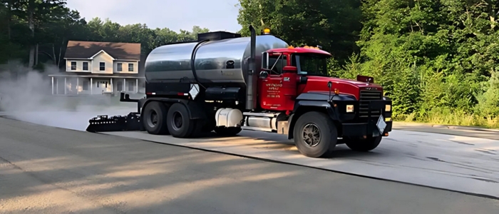 A large truck sprays water on a road, illustrating maintenance practices for chipseal longevity.