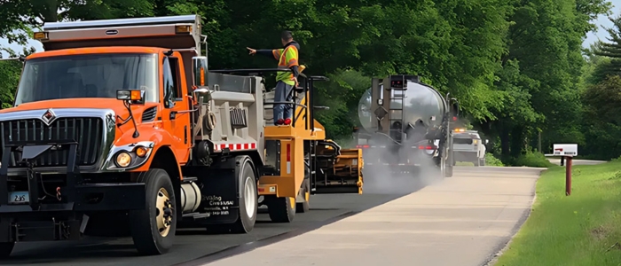 A truck drives along a road, featuring a man on the back, illustrating the effects of subgrade conditions on chipseal durability.