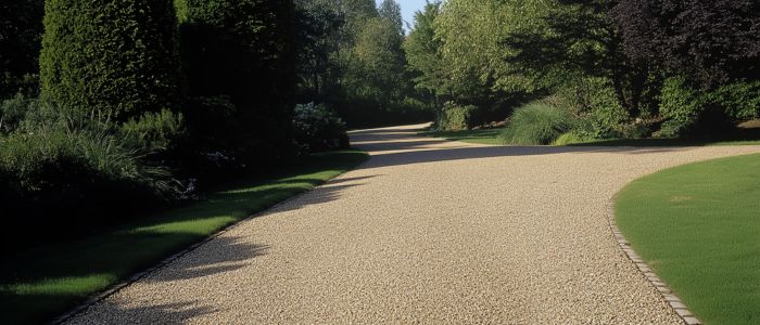 A chipseal driveway winds through a garden adorned with lush trees, inviting tranquility and natural beauty.