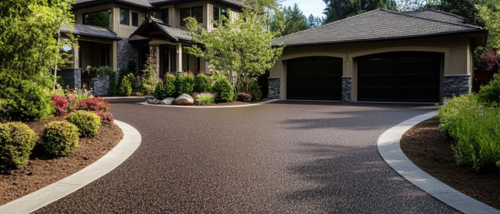 A driveway featuring a stone path that guides visitors to a charming house, highlighting a welcoming residential setting.