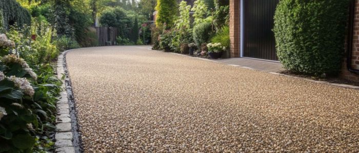 A well-maintained chipseal driveway, composed of gravel, offering a durable and attractive path for vehicles.