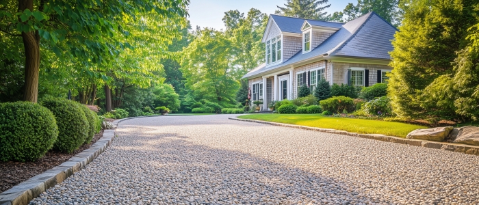 A gravel driveway lined with trees leading to a house, showcasing the benefits of chip seal driveway resurfacing.