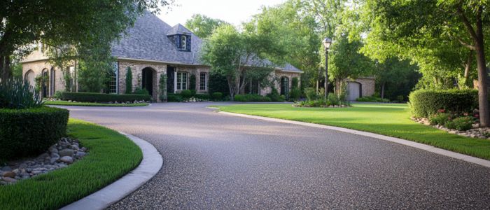 A spacious driveway leading to a large house surrounded by lush trees, creating a serene and inviting atmosphere.