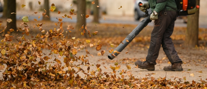 A man operates a leaf blower while walking along a street, clearing seasonal debris for Chipseal Driveway Maintenance.