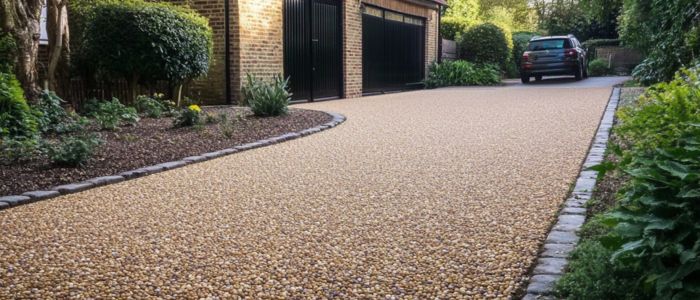 A chipseal driveway with a gravel surface, accompanied by a matching gravel walkway on the side.