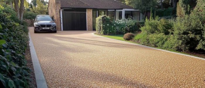 A picturesque chipseal driveway made of gravel, extending to a lovely home, inviting and well-maintained.