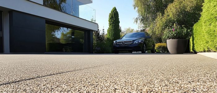 A chip seal driveway featuring a parked car, surrounded by greenery and a clear sky, showcasing a serene residential setting.