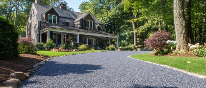 A gravel and stone driveway leading to a house, illustrating the benefits of chip seal paving.