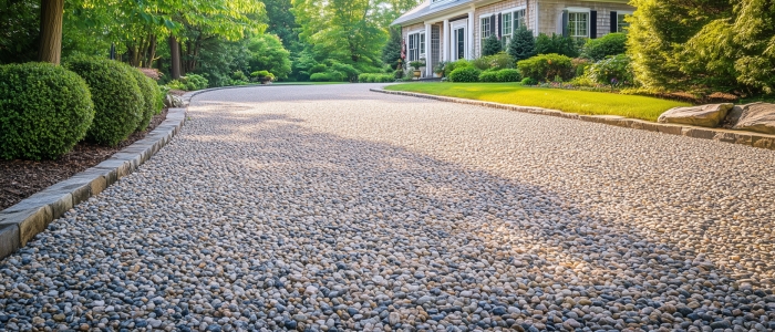 A gravel driveway lined with shrubs, illustrating the concept of chip seal paving and its maintenance benefits.