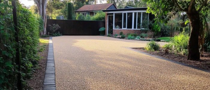 Clean chip seal driveway leading to a brick house surrounded by garden landscaping.