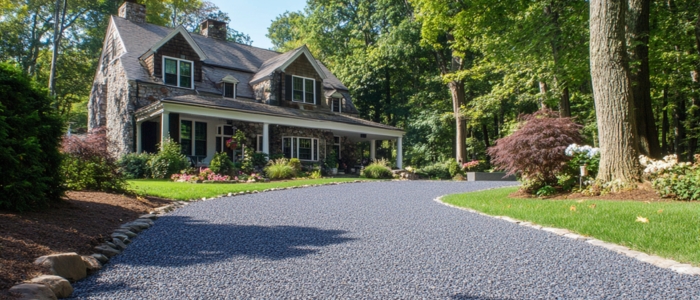 Curved chip seal driveway in front of a large stone house in a wooded area.