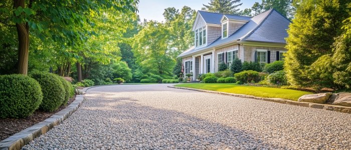 A gravel driveway lined with trees, leading up to a house, illustrating the benefits of chip seal driveways.