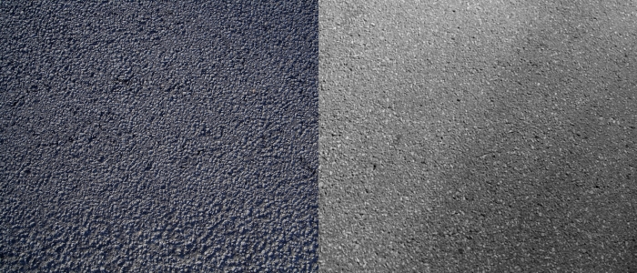 Two images displaying an asphalt surface: one featuring chip seal and the other traditional asphalt, illustrating their contrasts.