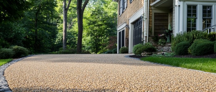 Driveway featuring gravel and grass in front of a house, comparing the surface qualities of chip seal and asphalt.