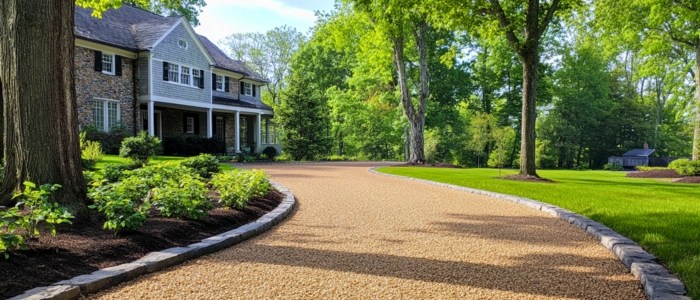 A well-maintained driveway with landscaping, highlighting the long-term cost savings of chip and seal surfaces.