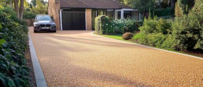 A residential driveway made of gravel, with more gravel placed in front of the house for added texture.