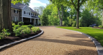 A well-maintained gravel driveway surrounded by attractive landscaping in Greenwich, CT.
