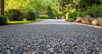 A gravel driveway lined with trees and bushes, showcasing the durability of Macadam Driveways in Glastonbury, CT.