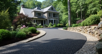 A gravel driveway with landscaped borders, showcasing an eco-friendly design by Macadam Driveways in Westport, CT.