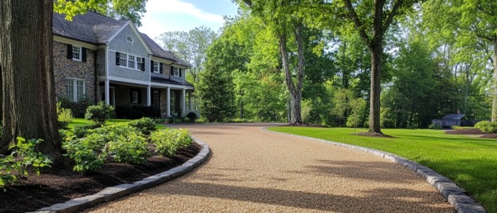 A gravel driveway surrounded by landscaped greenery, highlighting the environmental impact of chip seal driveways.