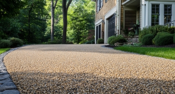 A well-maintained driveway in front of a house, highlighting the long-lasting oil and stone construction.