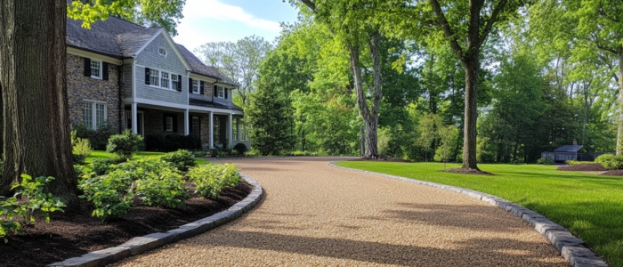 A picturesque driveway guiding to a home, with lush trees and grass, highlighting the longevity of chip seal driveways.