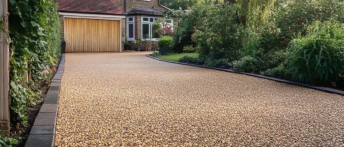 A gravel driveway showcasing the texture and color differences between chip seal and concrete materials.
