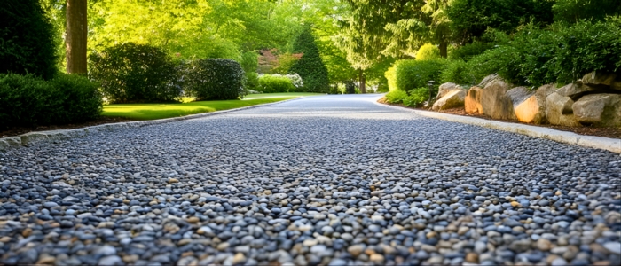 A gravel driveway bordered by loose gravel, showcasing a classic macadam driveway design.