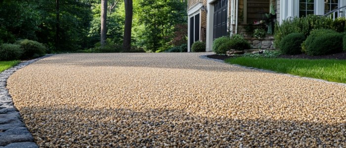 A gravel driveway with a stone path, highlighting the maintenance and longevity aspects of macadam driveways.