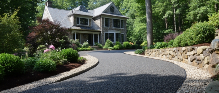 A well-maintained gravel driveway with landscaping, showcasing the steps involved in installing macadam driveways.