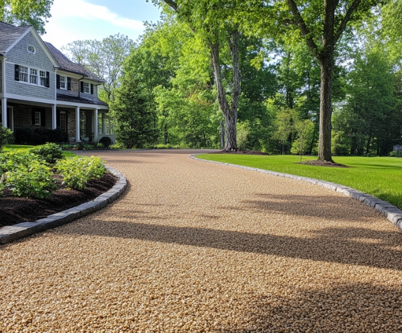 A well-maintained gravel driveway surrounded by landscaping, representing an Oil and Stone Driveway in Madison, CT.