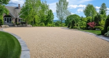 A gravel driveway leads to a spacious lawn surrounded by trees, showcasing a cost-effective oil and stone design in Madison, CT.