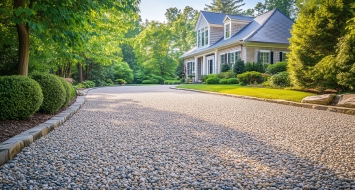 A gravel driveway leading to a house, showcasing a durable oil and stone surface in Madison, CT.