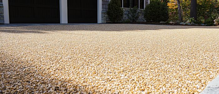 A gravel driveway leading to a house, featuring a chipseal surface for enhanced durability and aesthetics.