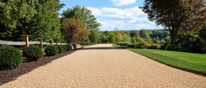 A house is accessed via a gravel driveway, showcasing the method of chip seal paving in residential areas.