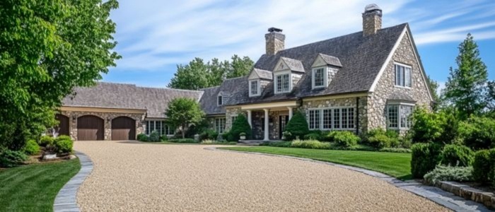 A spacious oil and stone driveway that provides access to a large, impressive residence set in a landscaped environment.