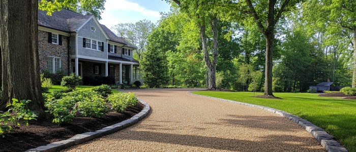 A house with a gravel driveway surrounded by trees, emphasizing the eco-friendly benefits of driveway rejuvenation.