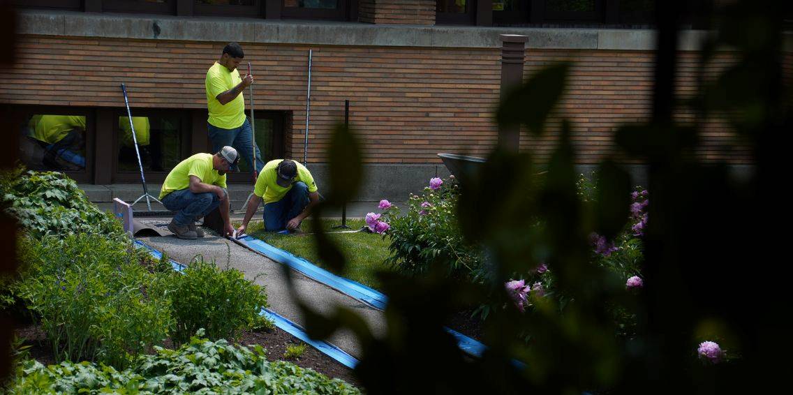 Workers in neon shirts installing blue protective edging along a garden path.