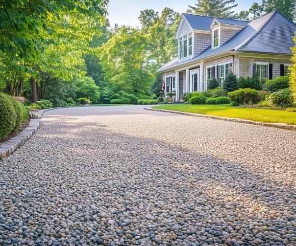 A driveway made of gravel, bordered by trees, in front of a house, highlighting Macadam Driveways in Essex, CT.